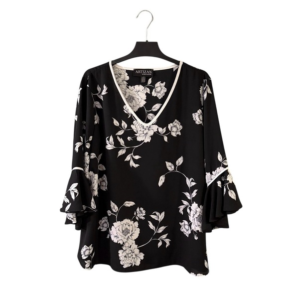 ⭐️ Artizan ($69) by Robin Barré Black & White Blouse With Bell Sleeves - PTP 22 - Picture 2 of 5